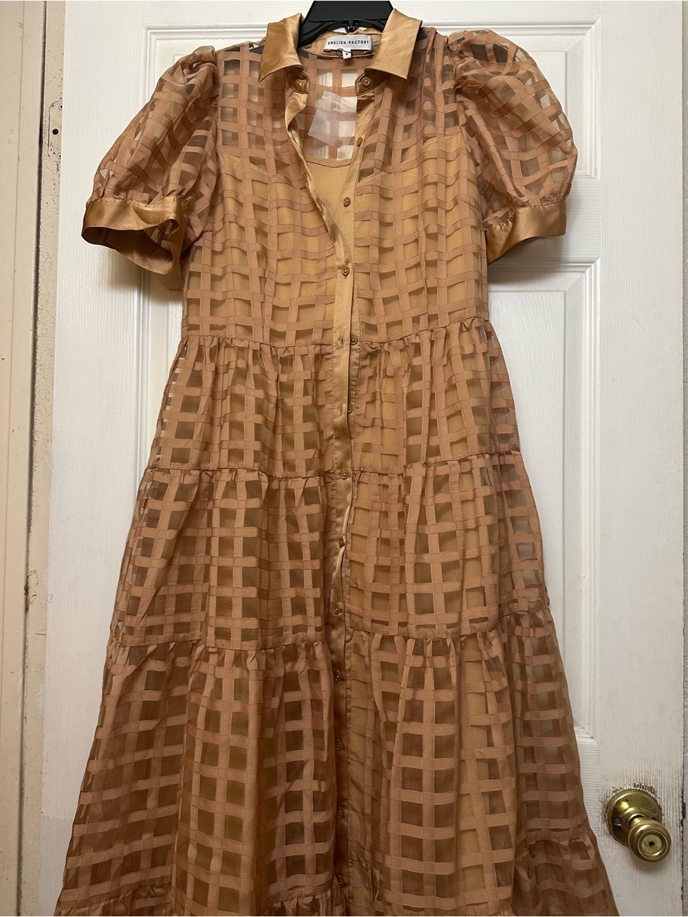 Women's Peach Tiered Gingham Midi Dress - Picture 4 of 7